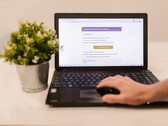 Laptop on a desk showing an open email inbox, with a potted plant beside it.