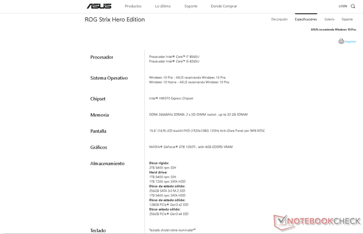 Screencap of specifications explicitly mentioning the Core i5-8265U and i7-8565U just in case if Asus decides to pull the page again