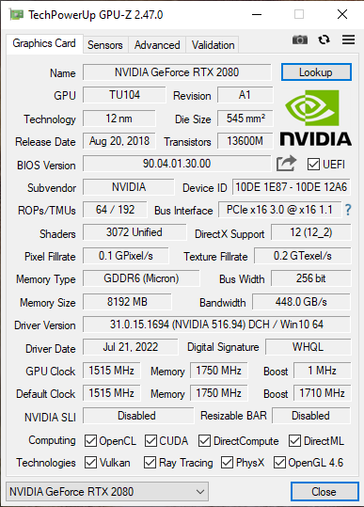 Hardware profile of the GTX 2080. (Source: ascandence22 on Reddit)