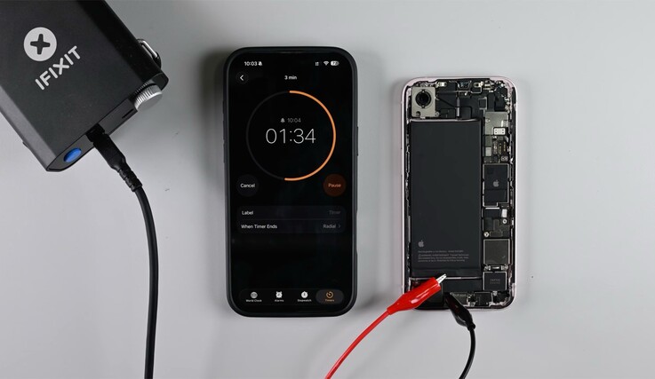 The iPhone 17e's battery can be removed by applying a low voltage to release the adhesive.