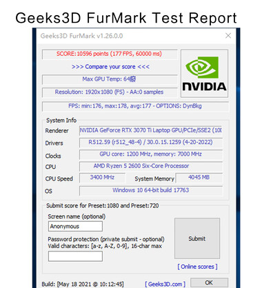 51Risc RTX 3070 TiM GPU - FurMark test report. (Image Source: Aliexpress)
