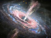 An illustration of a distant galaxy with an active quasar at its center. (Image source: Nasa, ESA et J. Olmsted - STScI)