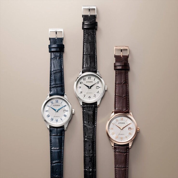 Three Citizen automatic watches arranged vertically, featuring blue, black, and brown leather straps with silver or rose gold-colored cases.