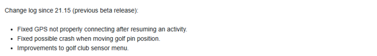 The release notes for the beta version 21.15 update for the Garmin Fenix 7 smartwatch. (Image source: Garmin)