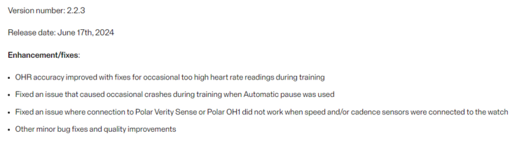 The release notes for firmware version 2.2.3. (Image source: Polar)