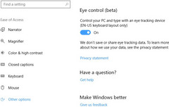 Eye control settings in Windows 10 Insider Preview Build 16257 for PC