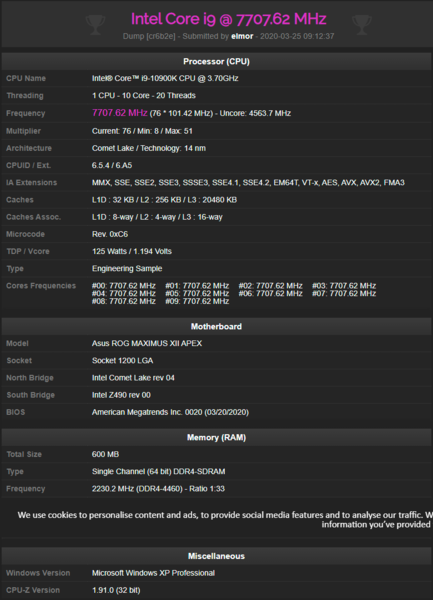 CPU-Z Validator confirming Core i9-10900K overclock. (Source: CPU-Z Validator)