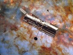 An image of Hubble overlayed on an image of Messier 82 (Image source: ESA/Hubble, NASA, and W. D. Vacca; edited)