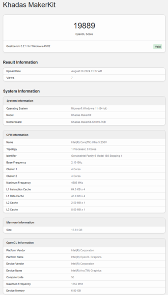 Intel Arc 130V Geekbench OpenCL score (image source: Geekbench)