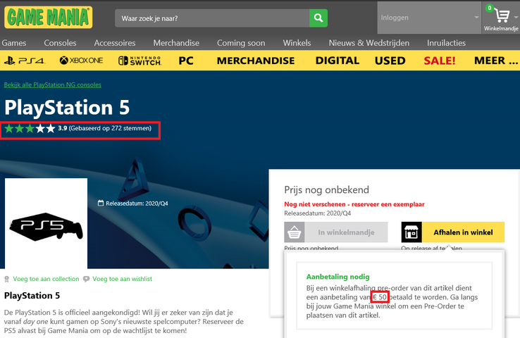 Game Mania site with rating and €50 preorder. (Image source: Game Mania)