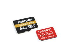 Our Toshiba Exceria Pro M501 reference microSD next to a new Huawei nano memory card.