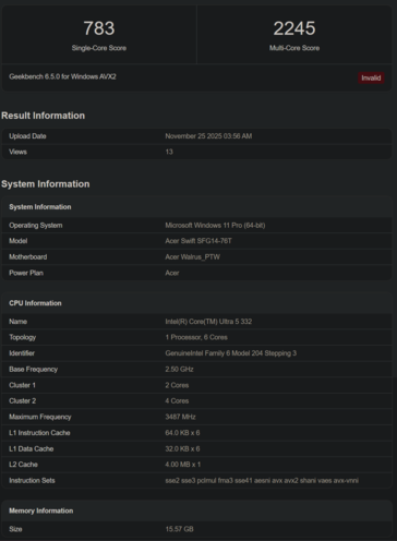 Intel Core Ultra 5 332 Geekbench listing (image source: Geekbench)