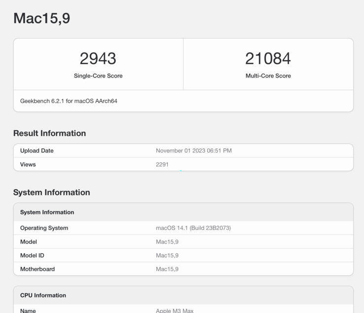 Apple's M3 Max performs admirably in Geekbench 6 benchmark. (Source : Geekbench 6)