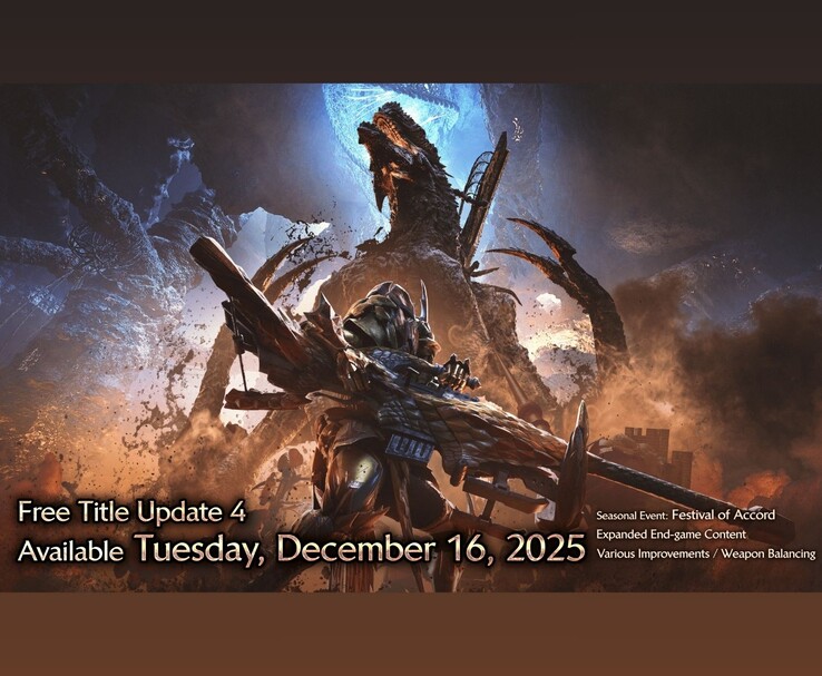 Promotional artwork for Monster Hunter Wilds highlighting Free Title Update 4 releasing on December 16, 2025, featuring the Festival of Accord event and other updates (Image source: Capcom)