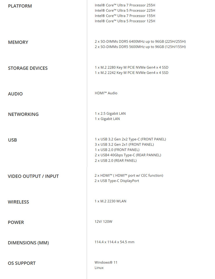 Specs of the mini PC (Image source: ECS)