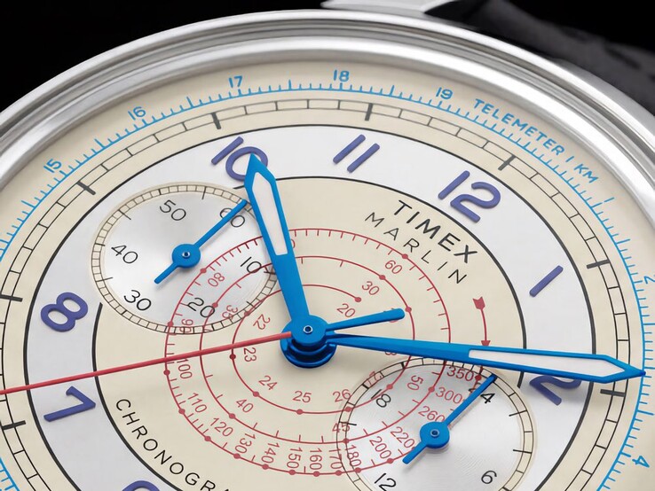 Close-up of the Timex Marlin Neo Classic Chronograph showing its layered telemeter and tachymeter scales and luminous hands.