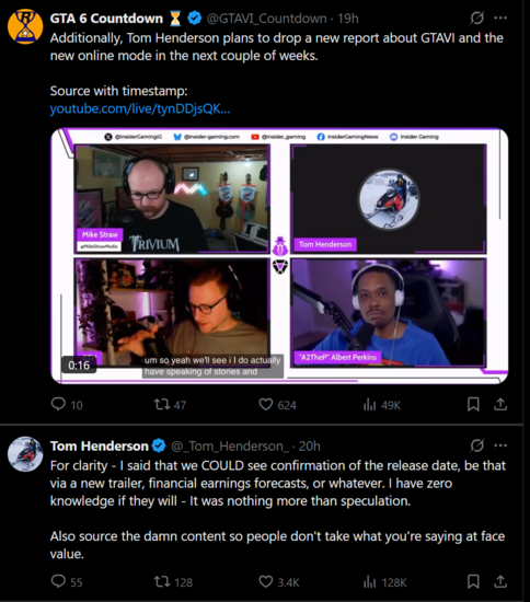 Tom Henderson X reply about GTA 6 news (Image source: screenshot, GTA 6 Countdown X account, Tom Henderson X account)