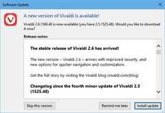 Vivaldi 2.6 update notification (Source: Own)
