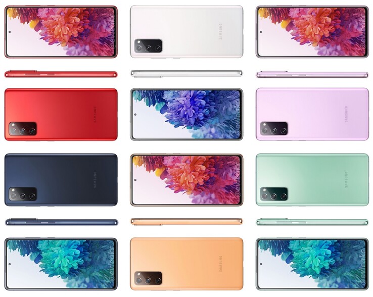 The Samsung Galaxy S20 Fan Edition in its six colours. (Image source: Evan Blass)