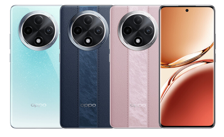 Oppo sells the A3 Pro in Azure, Distant Mountain Blue and Yunjin Powder colour options. (Image source: Oppo)