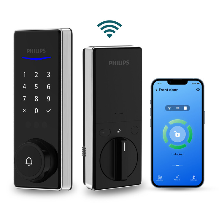 The Smart Deadbolt can be unlocked by vein scan, pin code, Wi-Fi app, and key. (Source: Philips)