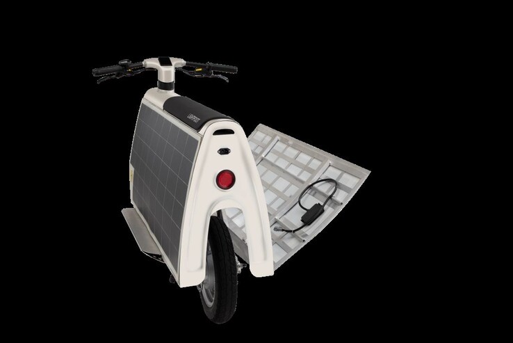 Two 120-watt solar panels add up to 18 miles (28 km) of range per day, and a built-in 600 watt charger can add 80% charge in 90 minutes. (Image source: Otherlab)