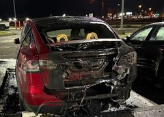 Damaged vehicles at a Salem Tesla dealership. Arson suspect arrested (Image source: Salem Police Department)