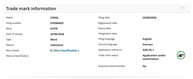 Garmin CIRQA Patent No. 019384825 with the European Intellectual Property Office (EUIPO)