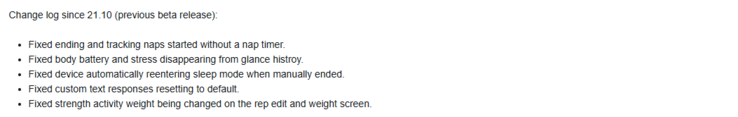The release notes for beta version 21.11 for the Garmin Fenix 7 and related smartwatches. (Image source: Garmin)
