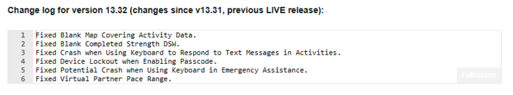 The change log for the Garmin beta version 13.32 update for the Fenix 8. (Image source: Garmin)