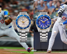Pictured - the Seiko Prospex SBDC222 and SBDC224 set against two photos of Shohei Ohtani.