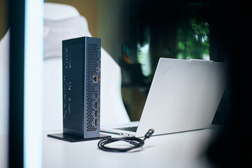 Versatile orientation: The Aorus AI Box can stand vertically to save desk space, giving easy access to its rear Thunderbolt 5 ports, HDMI 2.1, three DisplayPorts, and Ethernet jack