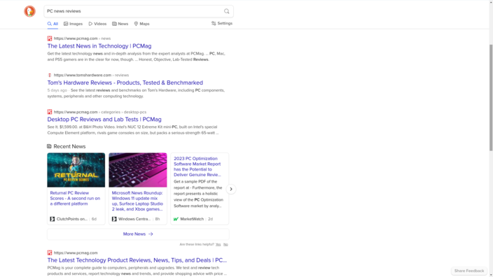Searching for "PC news reviews". Note how many of the links are from the same website (PCMag)