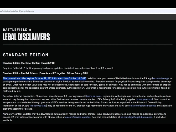 Battlefield 6 Standard Edition legal disclaimers page showing end date for pre-order promotion. (Image source: Eurogamer)
