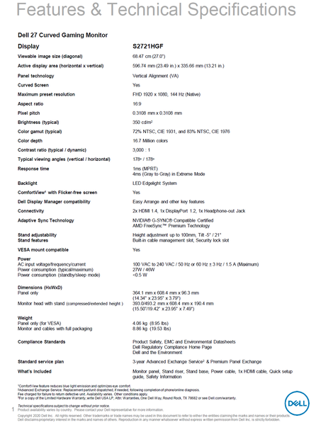 Dell S2721HGF specifications (image source: Dell)