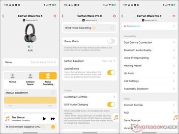 EarFun Audio app options.