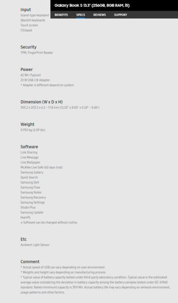 Samsung Galaxy Book S - Specifications - contd. (Source: Samsung)