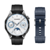 The Huawei Watch GT 4 Spring Edition Black Fluoroelastomer Strap 46mm + Deep Sea Blue Fluoroelastomer Strap 2-in-1. (Image source: Huawei)