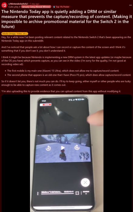 Nintendo Today! app DRM restrictions (Image source: screenshot, Nintendo Switch 2 subreddit)