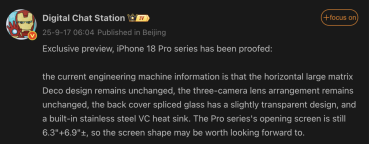 Leaked details of the iPhone 18 Pro. (Image source: Weibo - machine translated)