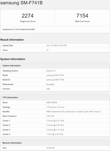 Samsung Galaxy Z Flip6 Geekbench listing with 12 GB RAM (image via Geekbench)