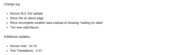 The release notes for beta version 5.01 for the Garmin Lily 2 Active. (Image source: Garmin)