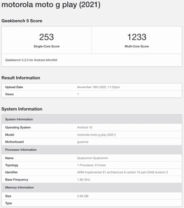 The Moto G Play (2021) on Geekbench has a Qualcomm processor... (Source:  Geekbench)