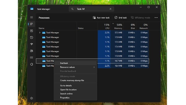 A screenshot of Windows 11 Task Manager with multiple instances running in the background. (Image Source: Rohith Bhaskar - Notebookcheck)