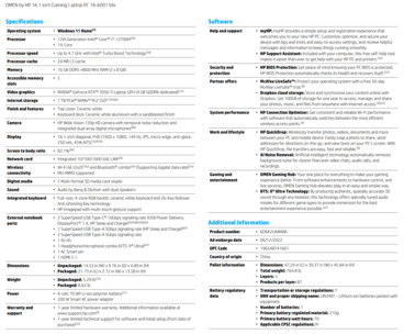 HP Omen 16 - Intel - Specifications. (Source: HP)