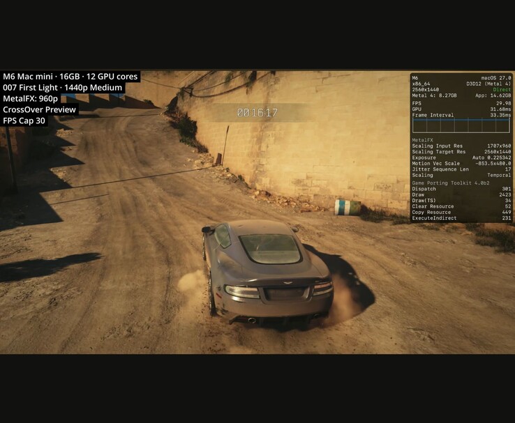 007 First Light running at 30 FPS on a 16 GB M6 Mac mini through CrossOver at 1440p medium settings.