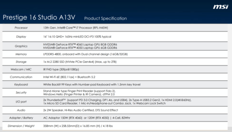 MSI Prestige 16 Studio A13V - Specifications. (Image Source: MSI)