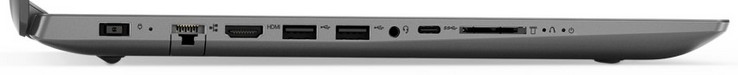 Left: AC-adapter, LAN, HDMI, 2x USB 3.0, combined audio jack, 1x USB 3.1 Type-C, 4-in-1 card reader