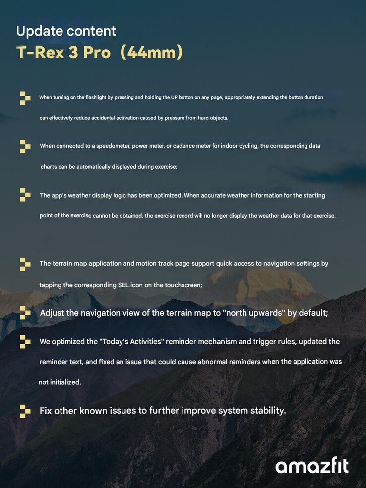 The change log for firmware version 4.4.2.3 for the Amazfit T-Rex 3 Pro 44 mm smartwatch