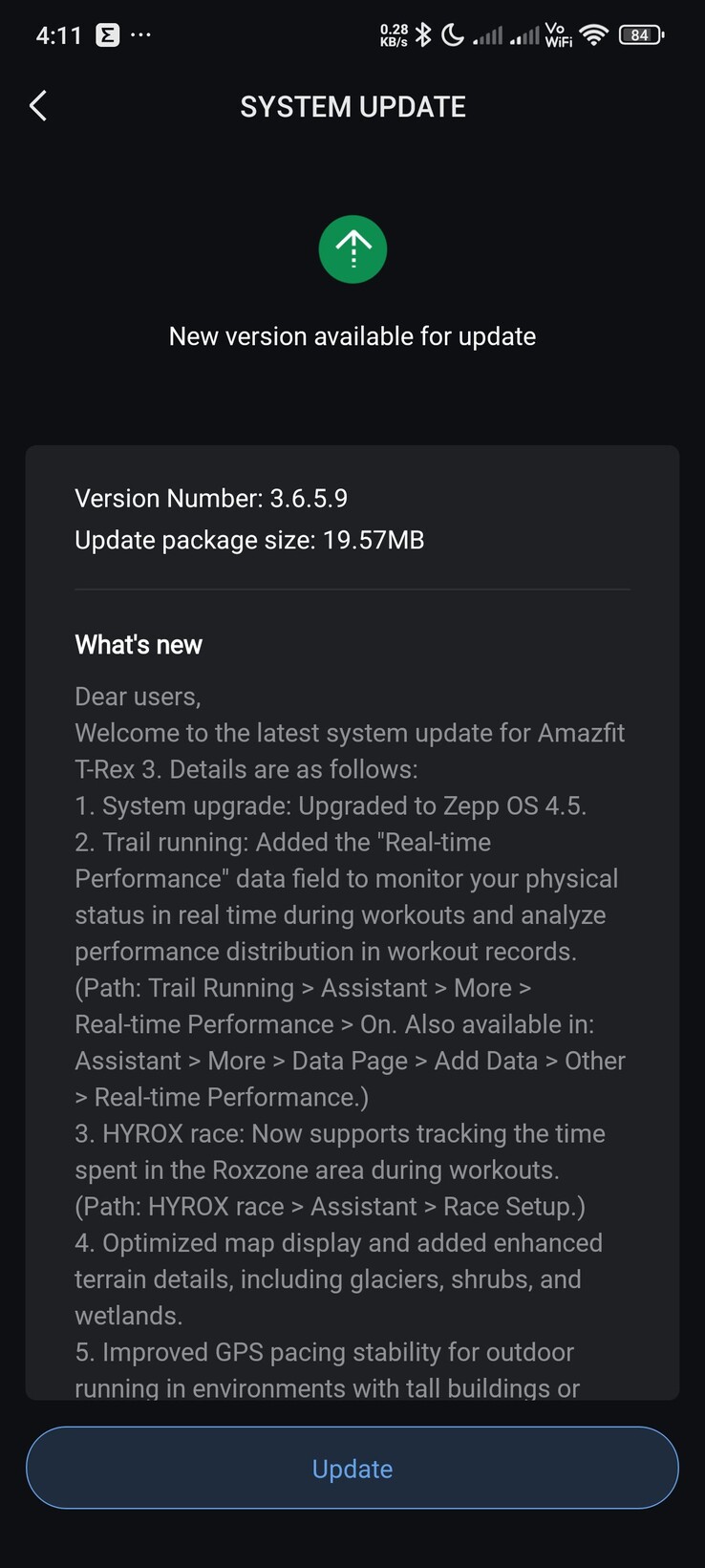 The release notes for the version 3.6.5.9 update for the Amazfit T-Rex 3 smartwatch. (Image source: Facebook)